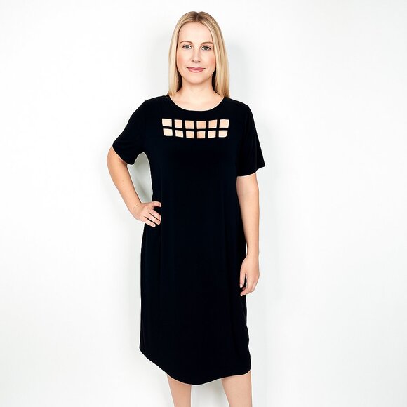2/$24 VIP Knits by Avenue Cut-out Short Sleeve Shift Dress Black #A0277 TRB2 - Picture 1 of 8